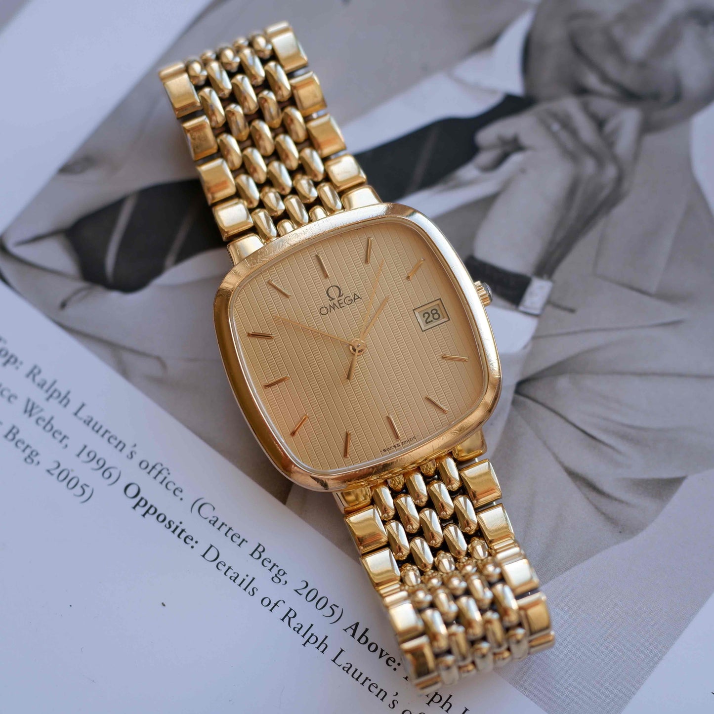 Vintage Omega Gold Plated TV Case Structured Dial Quartz Watch 1980s