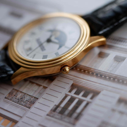 Vintage Cerberus Moon Phase Dress Watch 90s Gold Quartz NOS