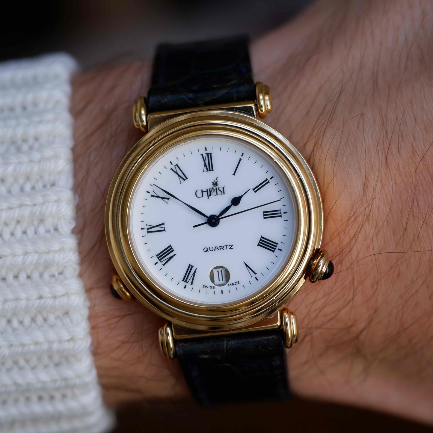 Vintage Christ Dual-Face Watch Gold White and Blue Dial Cabochon Crown 80s