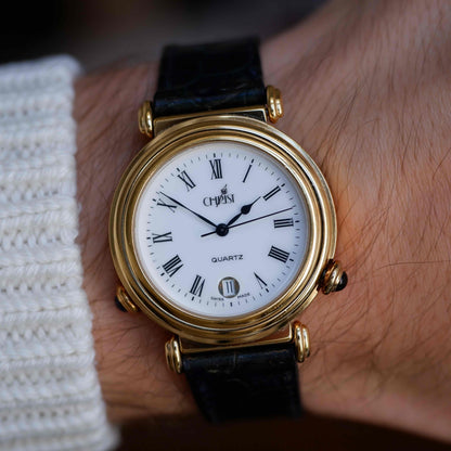 Vintage Christ Dual-Face Watch Gold White and Blue Dial Cabochon Crown 80s