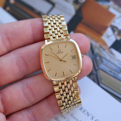 Vintage Omega Gold Plated TV Case Structured Dial Quartz Watch 1980s