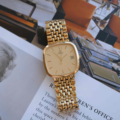 Vintage Omega Gold Plated TV Case Structured Dial Quartz Watch 1980s