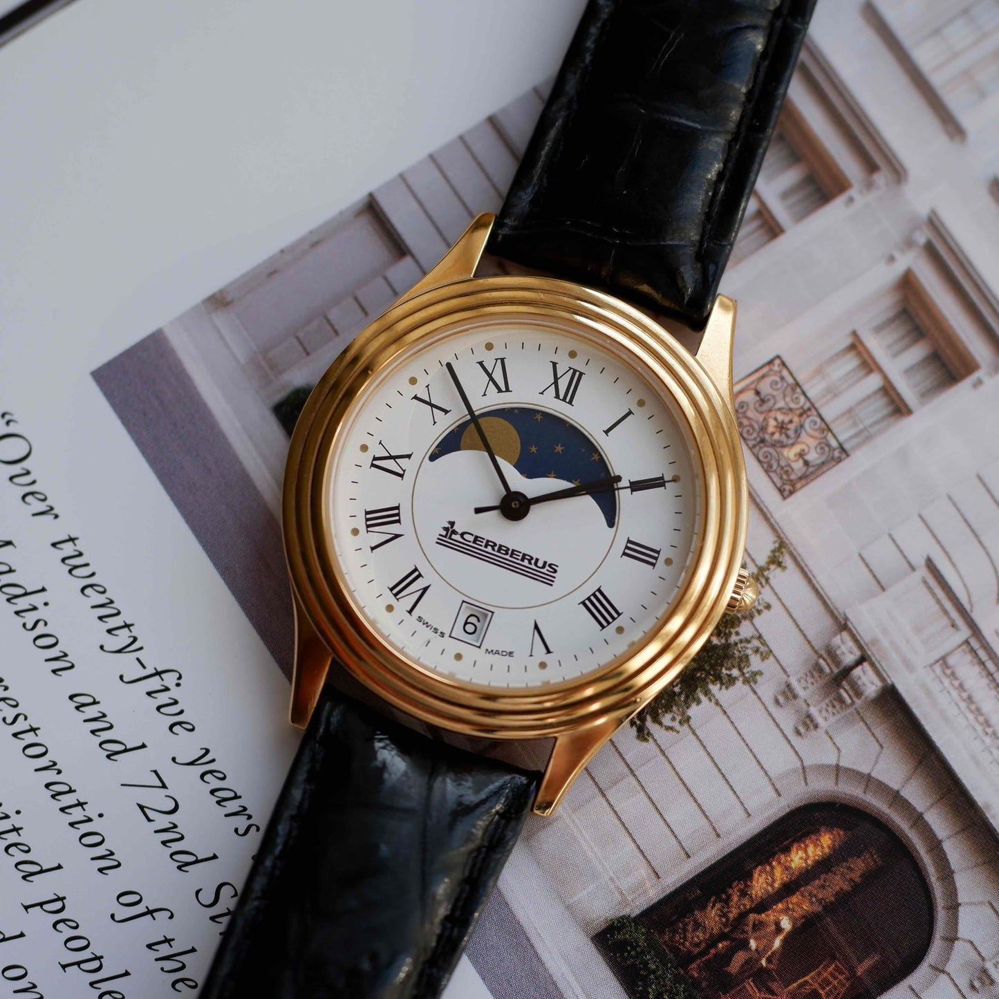 Vintage Cerberus Moon Phase Dress Watch 90s Gold Quartz NOS