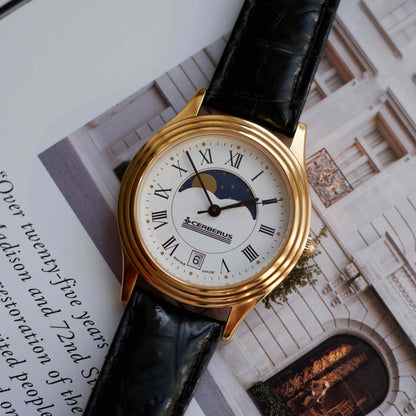 Vintage Cerberus Moon Phase Dress Watch 90s Gold Quartz NOS