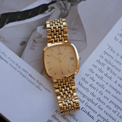 Vintage Omega Gold Plated TV Case Structured Dial Quartz Watch 1980s