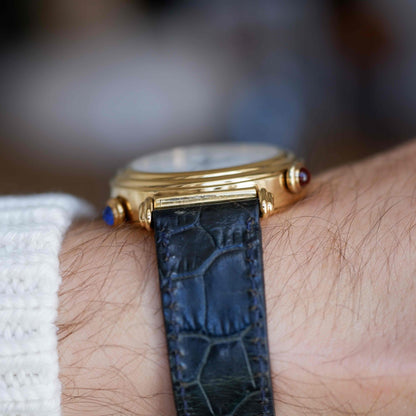 Vintage Christ Dual-Face Watch Gold White and Blue Dial Cabochon Crown 80s