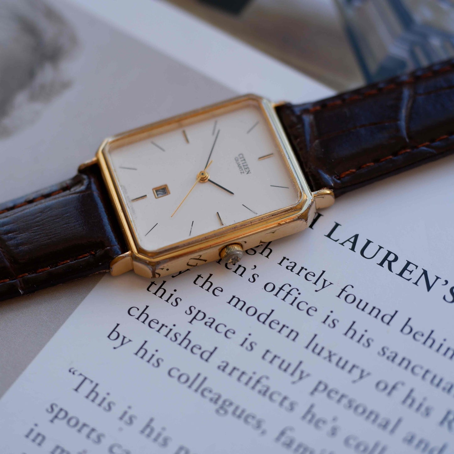 Vintage Citizen Tank Dress Watch 80s Gold White Dial Quartz
