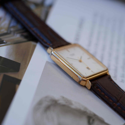Vintage Citizen Tank Dress Watch 80s Gold White Dial Quartz