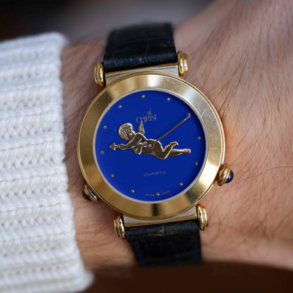Vintage Christ Dual-Face Watch Gold White and Blue Dial Cabochon Crown 80s