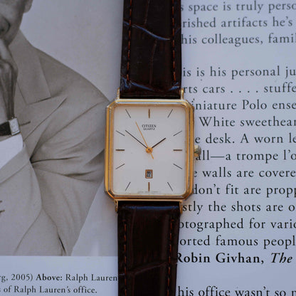 Vintage Citizen Tank Dress Watch 80s Gold White Dial Quartz