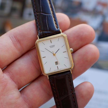 Vintage Citizen Tank Dress Watch 80s Gold White Dial Quartz