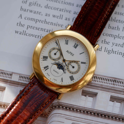 Vintage Alfex Moon Phase Day-Date Dress Watch 90s Gold Quartz