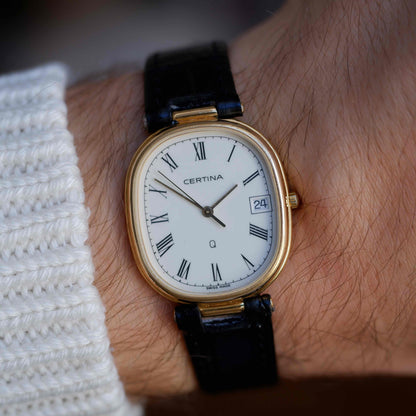 Vintage Certina Vendôme Lugs Watch 80s Gold Quartz Roman Dial