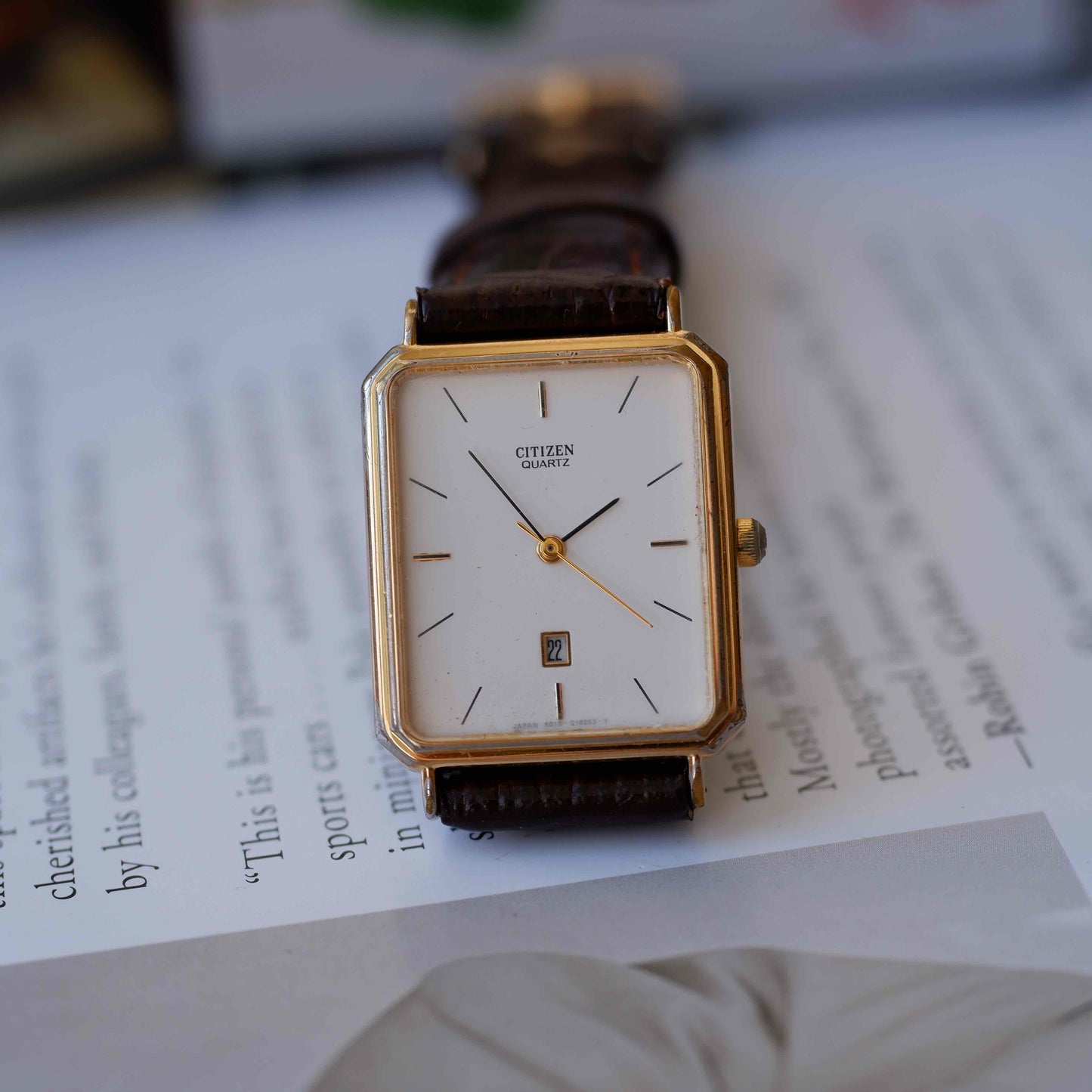 Vintage Citizen Tank Dress Watch 80s Gold White Dial Quartz