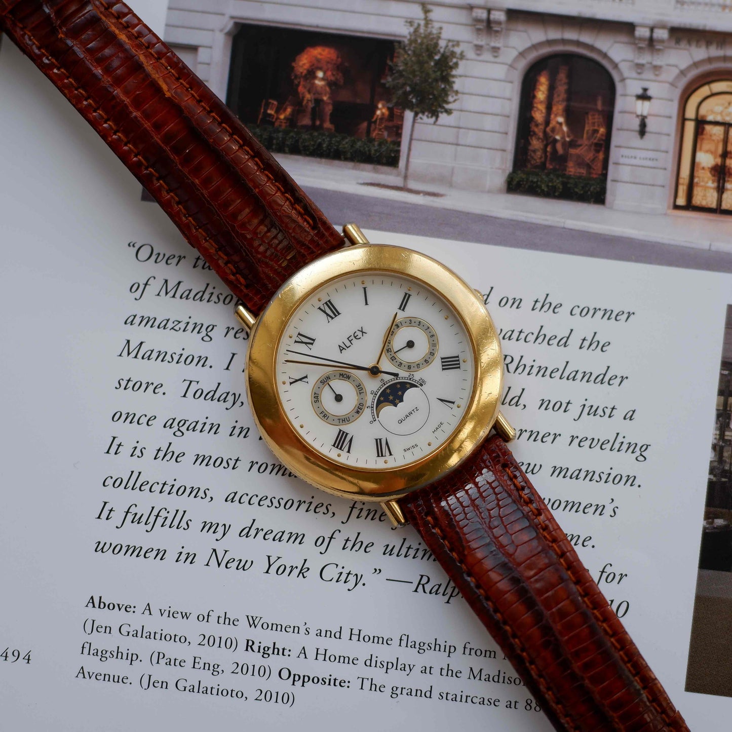 Vintage Alfex Moon Phase Day-Date Dress Watch 90s Gold Quartz