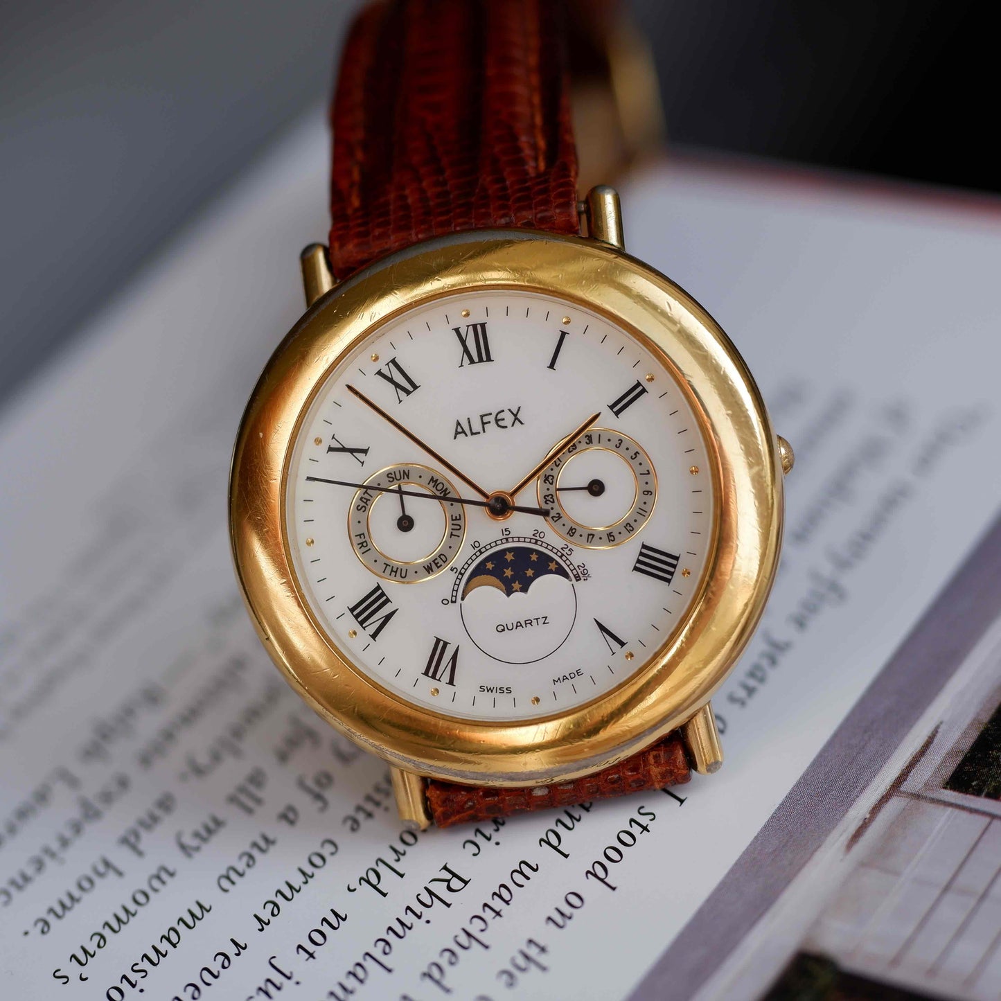 Vintage Alfex Moon Phase Day-Date Dress Watch 90s Gold Quartz