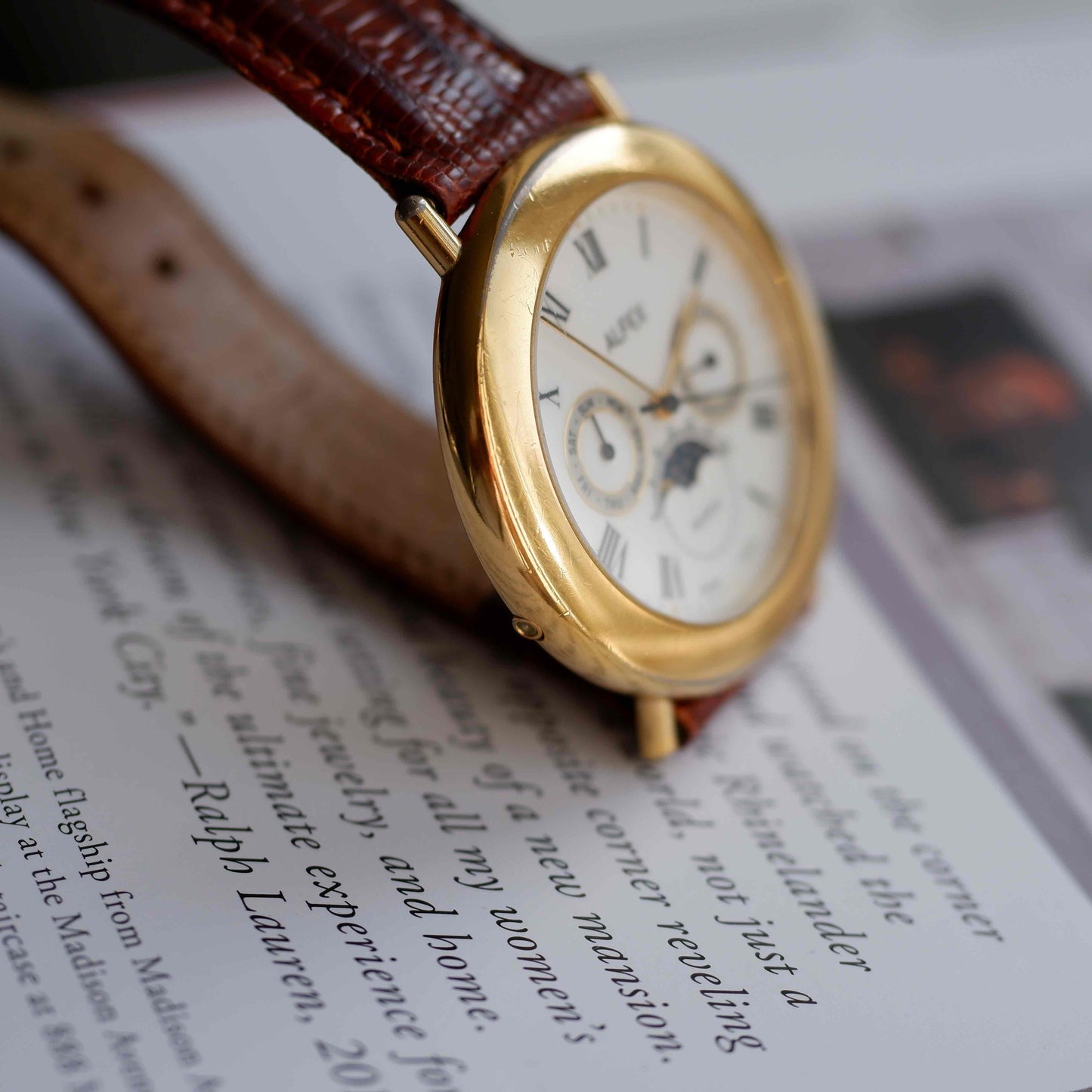 Vintage Alfex Moon Phase Day-Date Dress Watch 90s Gold Quartz