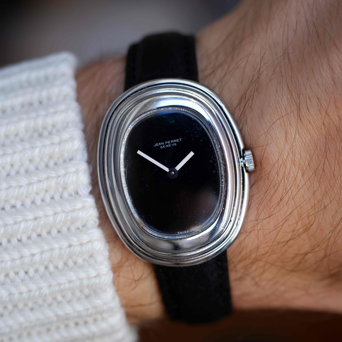 Vintage Jean Perret Genève Stepped Oval Black Dial Watch 70s