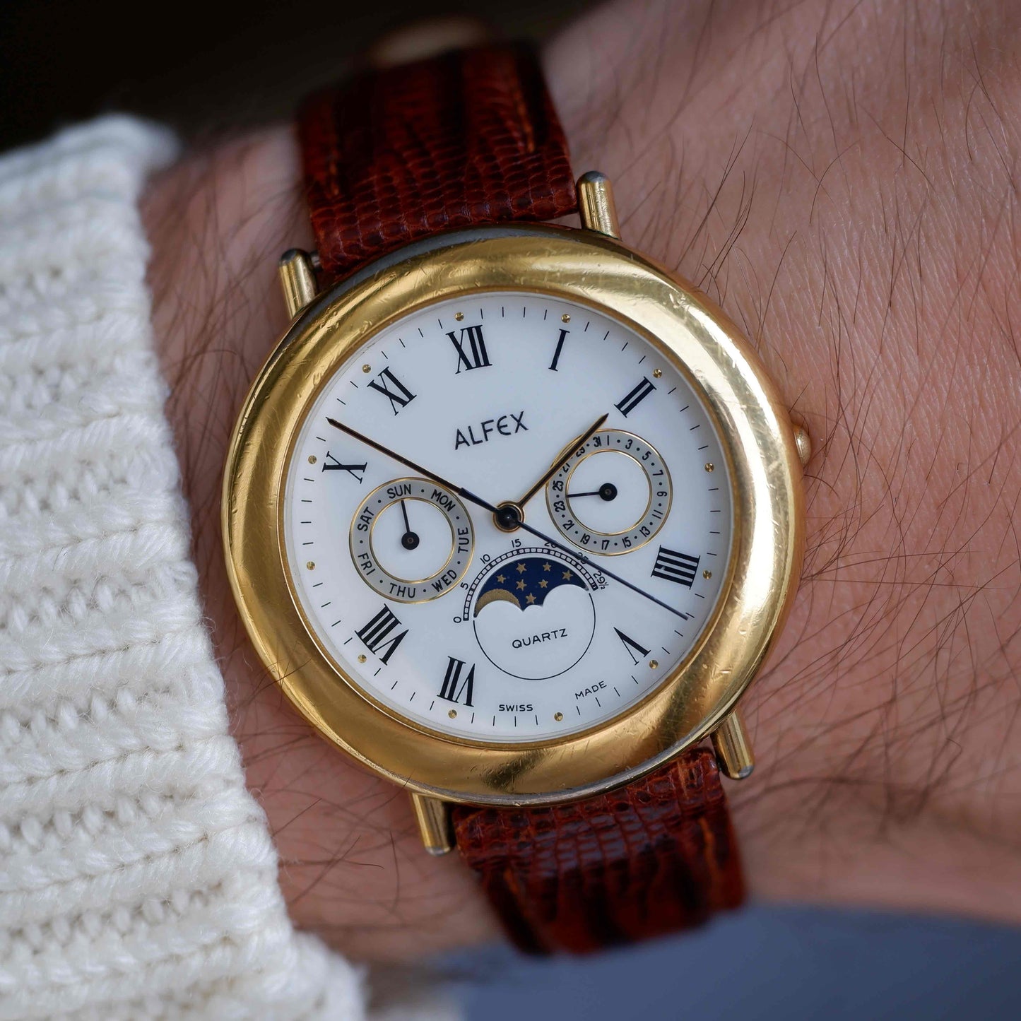 Vintage Alfex Moon Phase Day-Date Dress Watch 90s Gold Quartz