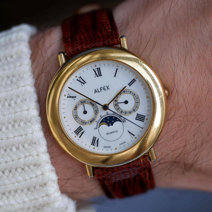 Vintage Alfex Moon Phase Day-Date Dress Watch 90s Gold Quartz