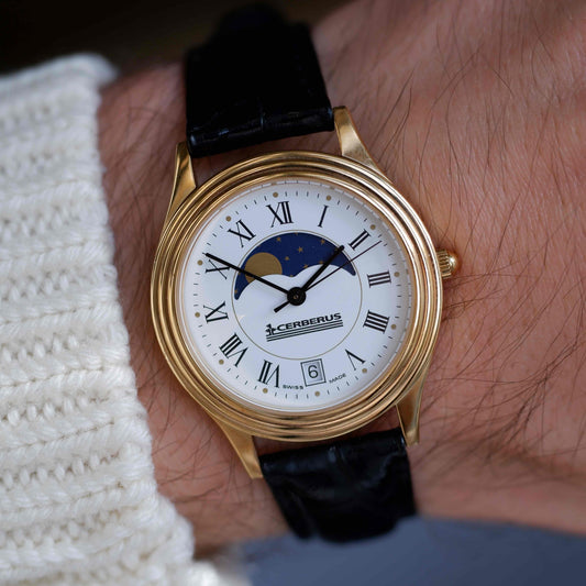 Vintage Cerberus Moon Phase Dress Watch 90s Gold Quartz NOS
