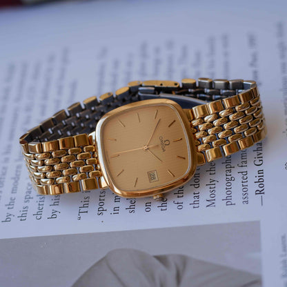 Vintage Omega Gold Plated TV Case Structured Dial Quartz Watch 1980s