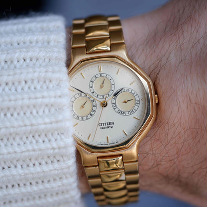 Vintage Citizen Dress Watch 90s Gold White Sub Dial Quartz Mint