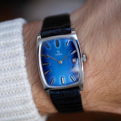 Vintage Yema Tank Blue Fumé Dial Stell Case Date 70s - NOS