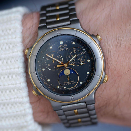 Vintage Citizen Moon Phase Chronograph Titan Watch 90s Gold Quartz MINT