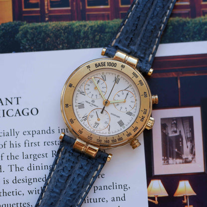 Vintage Michel Herbelin Newport Chronograph Watch 90s Roman Dial Gold Quartz MINT