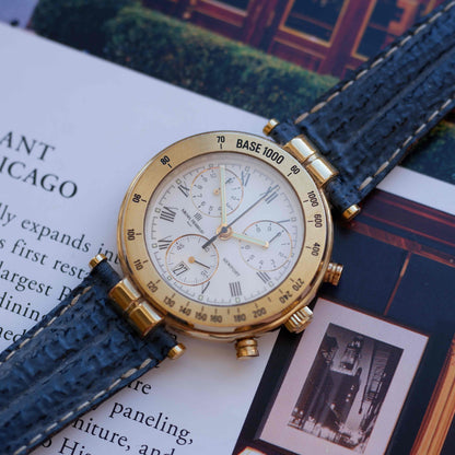 Vintage Michel Herbelin Newport Chronograph Watch 90s Roman Dial Gold Quartz MINT