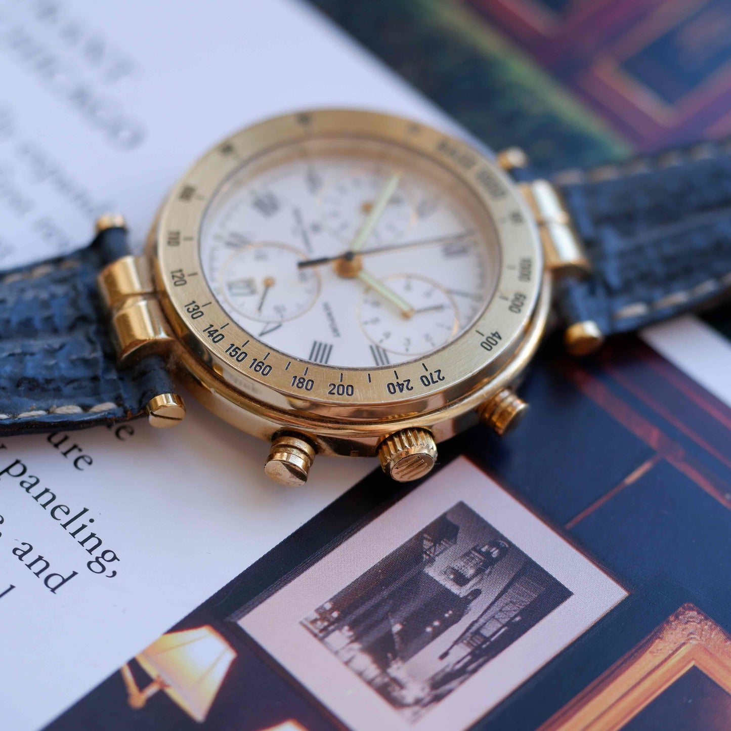 Vintage Michel Herbelin Newport Chronograph Watch 90s Roman Dial Gold Quartz MINT