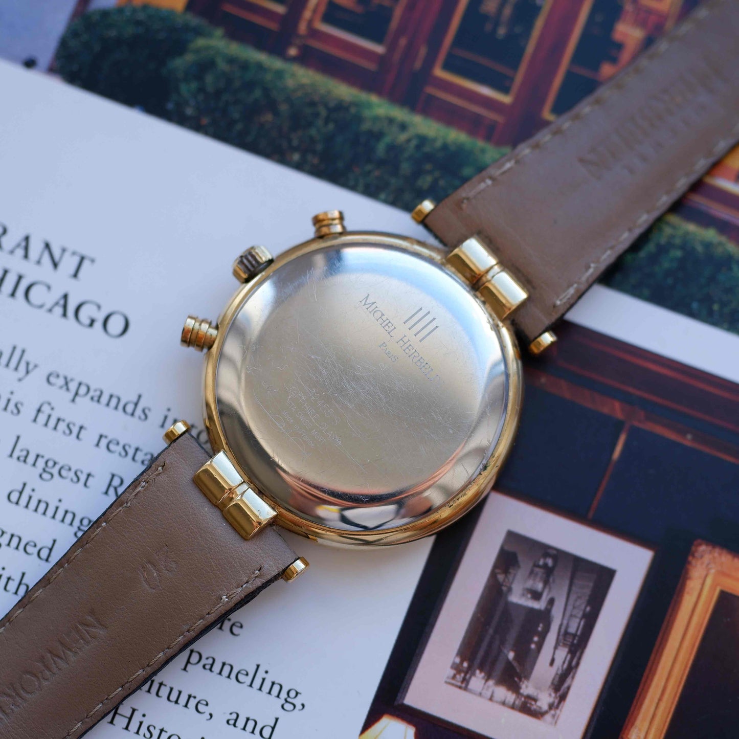 Vintage Michel Herbelin Newport Chronograph Watch 90s Roman Dial Gold Quartz MINT