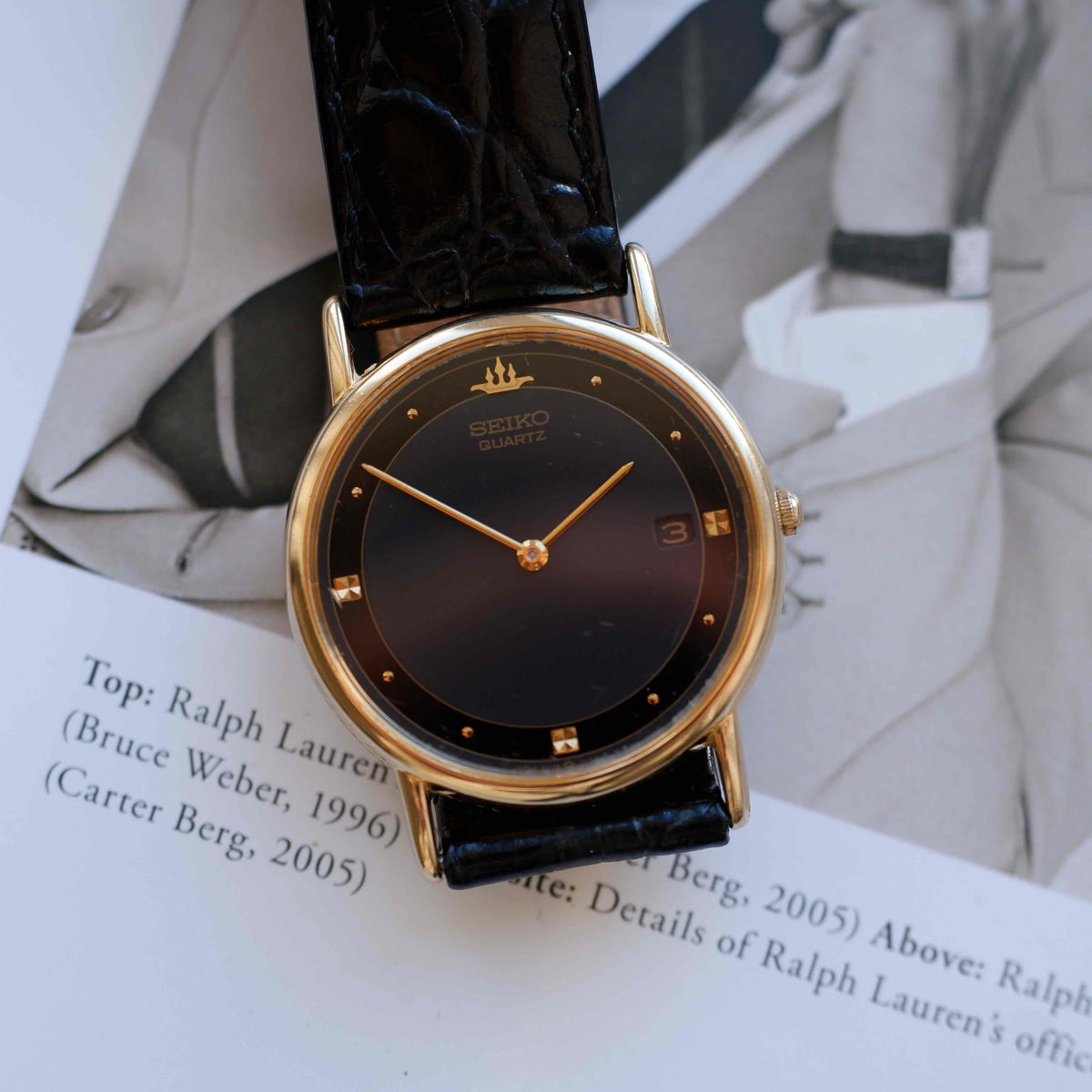 Vintage Seiko Crest 90s Gold Black Dial Quartz with Date
