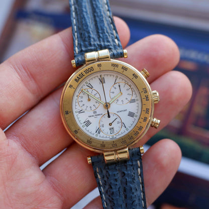 Vintage Michel Herbelin Newport Chronograph Watch 90s Roman Dial Gold Quartz MINT