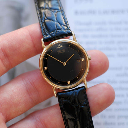 Vintage Seiko Crest 90s Gold Black Dial Quartz with Date