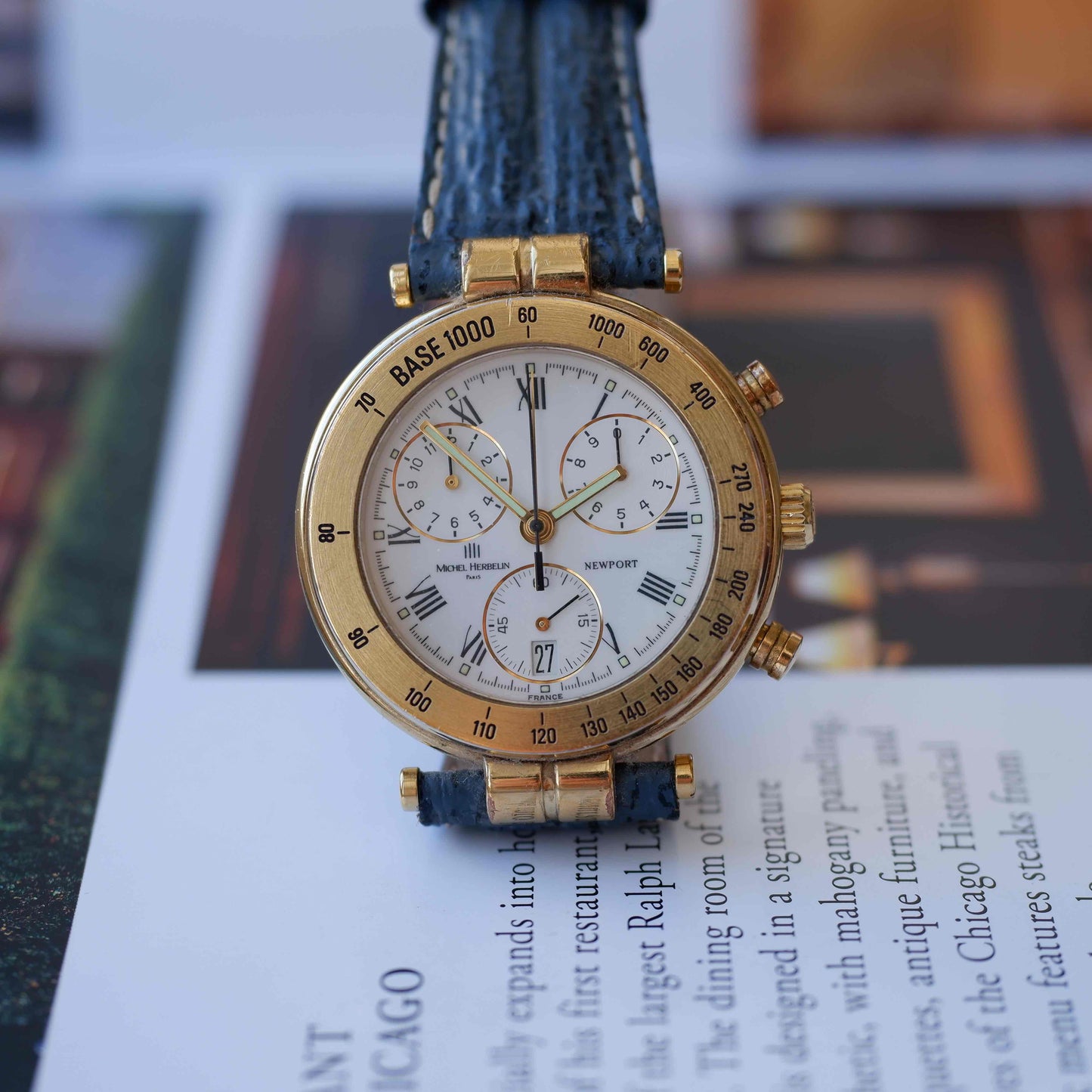Vintage Michel Herbelin Newport Chronograph Watch 90s Roman Dial Gold Quartz MINT