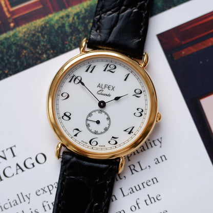 Vintage Alfex Dress Watch 90s Gold White Dial and Small Second