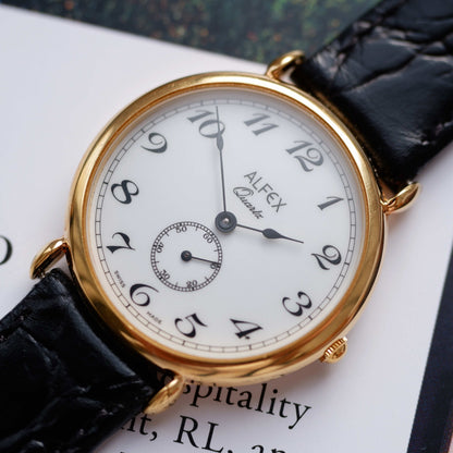Vintage Alfex Dress Watch 90s Gold White Dial and Small Second