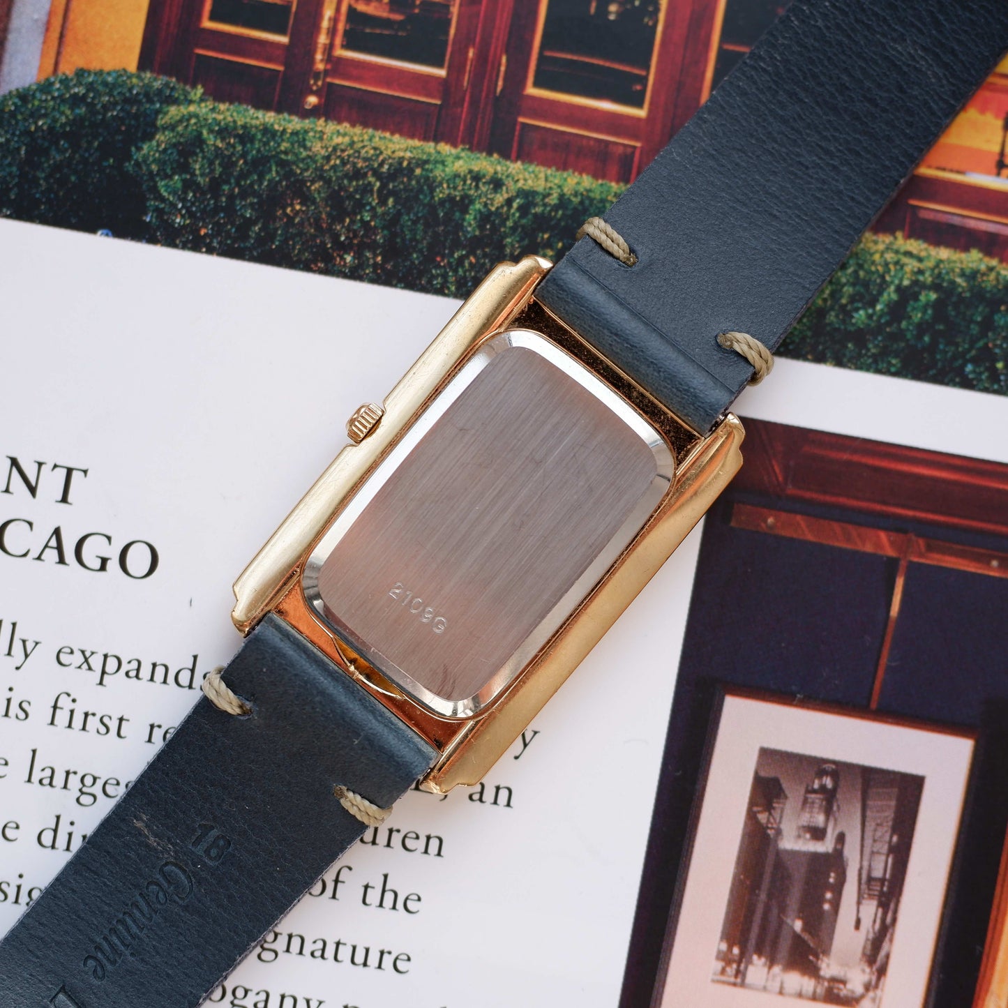 Vintage Osco Tank Watch 80s Gold Blue Dial and Guilloche Dial