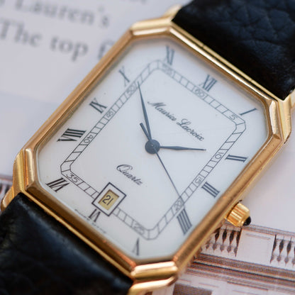 Vintage Maurice Lacroix Tank Watch 80s Gold White Dial and Date Window
