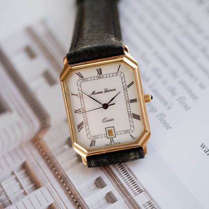 Vintage Maurice Lacroix Tank Watch 80s Gold White Dial and Date Window