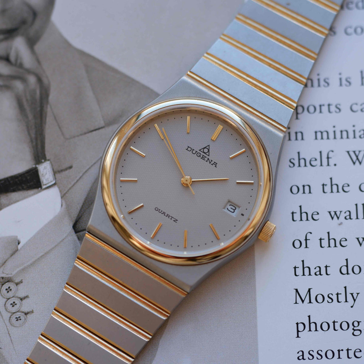 Vintage Dugena Two-Tone Watch 80s Silver Textured Dial Integrated Bracelet – NOS