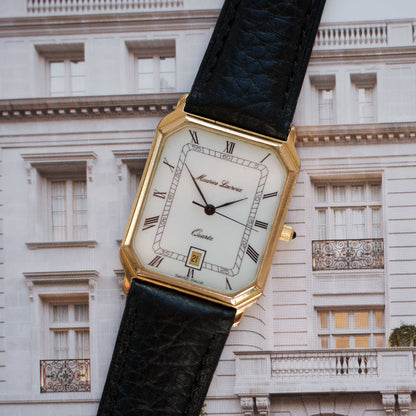 Vintage Maurice Lacroix Tank Watch 80s Gold White Dial and Date Window