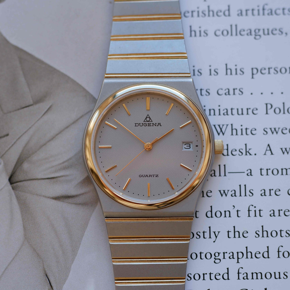 Vintage Dugena Two-Tone Watch 80s Silver Textured Dial Integrated Bracelet – NOS