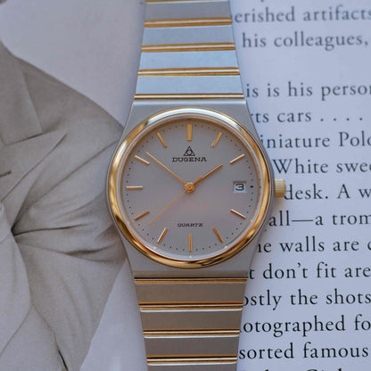 Vintage Dugena Two-Tone Watch 80s Silver Textured Dial Integrated Bracelet – NOS