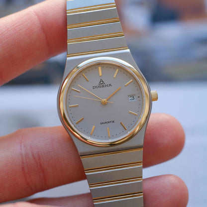 Vintage Dugena Two-Tone Watch 80s Silver Textured Dial Integrated Bracelet – NOS