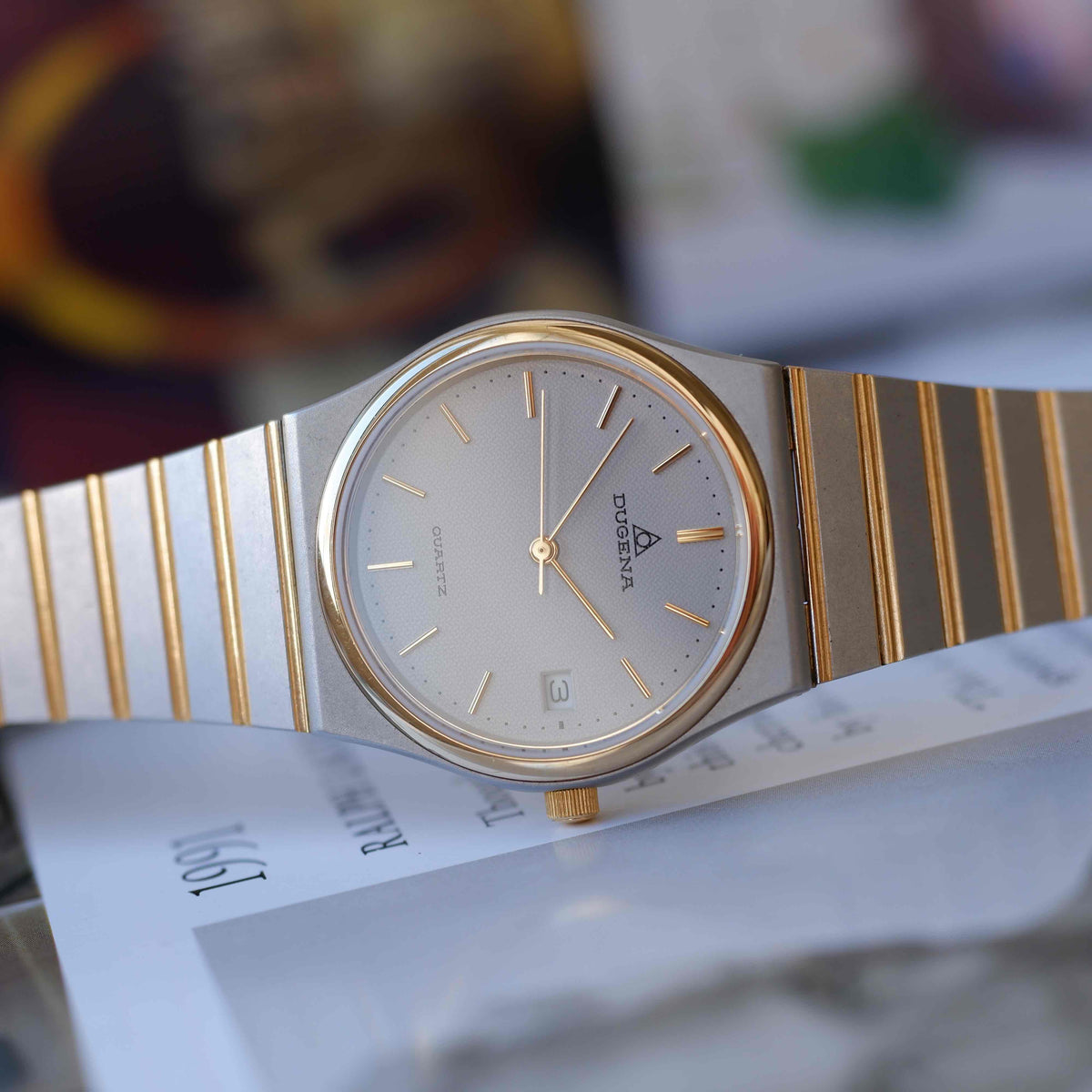 Vintage Dugena Two-Tone Watch 80s Silver Textured Dial Integrated Bracelet – NOS