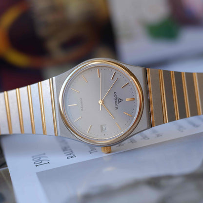 Vintage Dugena Two-Tone Watch 80s Silver Textured Dial Integrated Bracelet – NOS