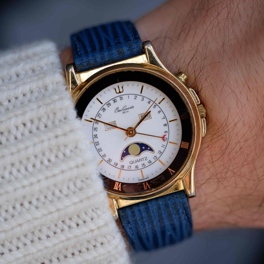 Vintage Osco Moon Phase Calendar Dress Watch 90s Gold Quartz